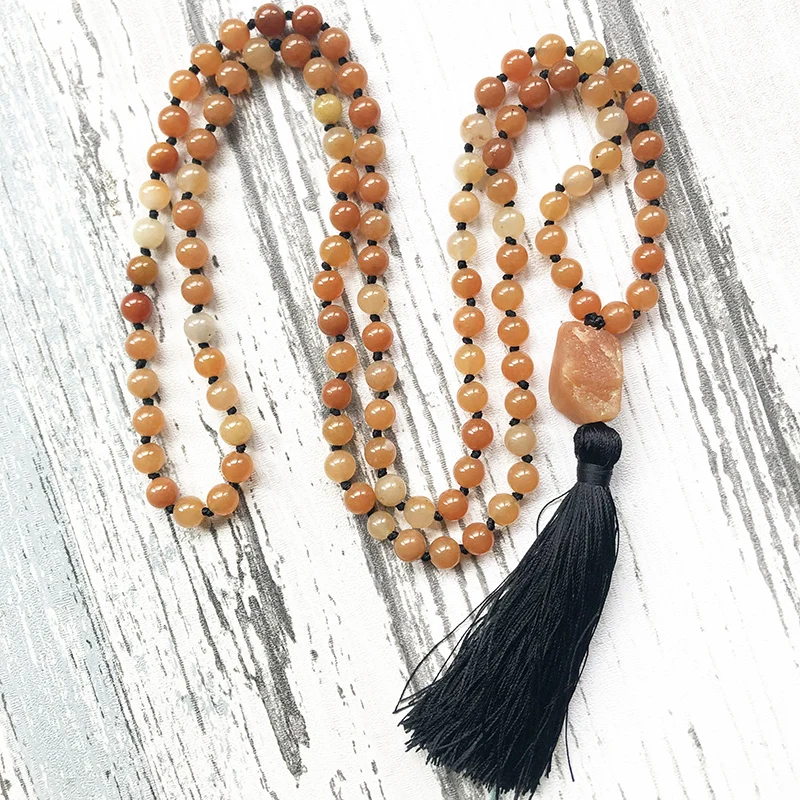 

108 Prayer Beads Mala Necklace Jewelry 8mm Red Aventurine Knotted Boho Jewelry Raw Rough Stone Pendant Tassel Necklace For Women