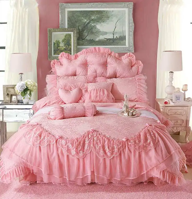 

Korean Pink Princess Bedding Sets Bedspread 4/6/8pcs Jacquard Satin Silk Duvet Cover Ruffles Lace Bedclothes Bed Skirt Cotton