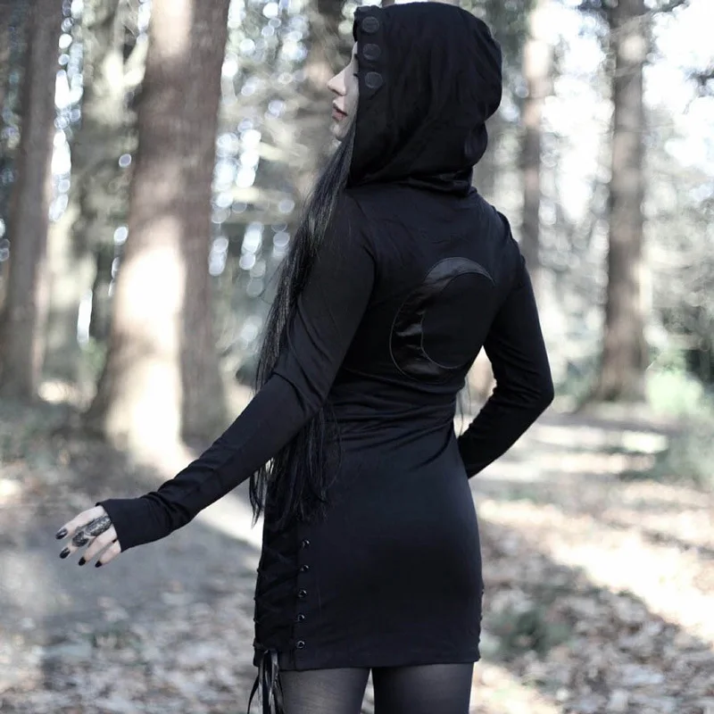 Gothic hooded dress long sleeve moon print women clothes lace up plain black punk style dresses 2019 spring women casure dress
Gothic hooded dress long sleeve moon print women clothes lace up plain black punk style dresses 2019 spring women casure dress