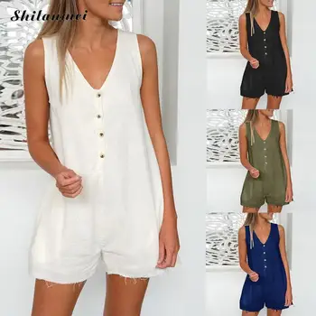 New Causal Solid Color Women Romper Jumpsuit V Neck Sleeveless Summer Playsuits Button Fashion Streetwear Women Short Rompers
New Causal Solid Color Women Romper Jumpsuit V Neck Sleeveless Summer Playsuits Button Fashion Streetwear Women Short Rompers