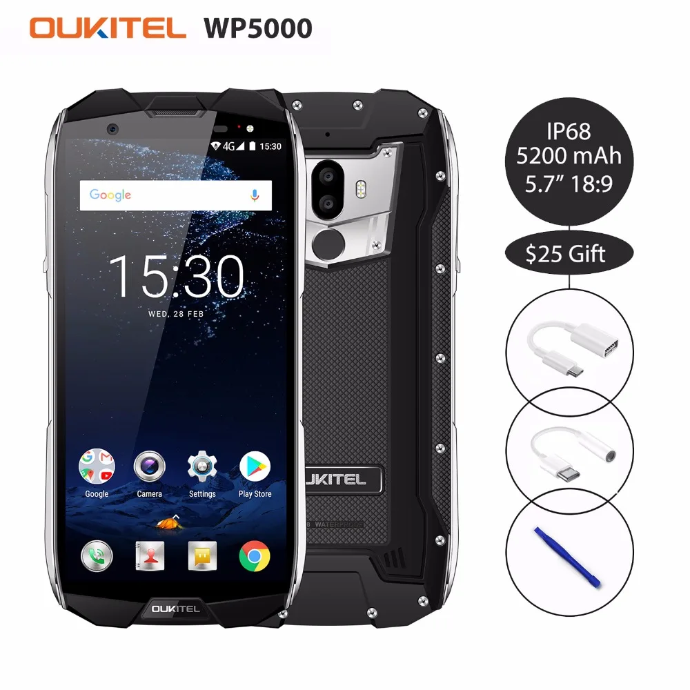 

Oukitel WP5000 IP68 Waterproof 6GB 64GB 5200mAh 5.7"18:9 Display Android 7.1 Helio P25 Octa Core 4G Fingerprint 9V/2A Smartphone