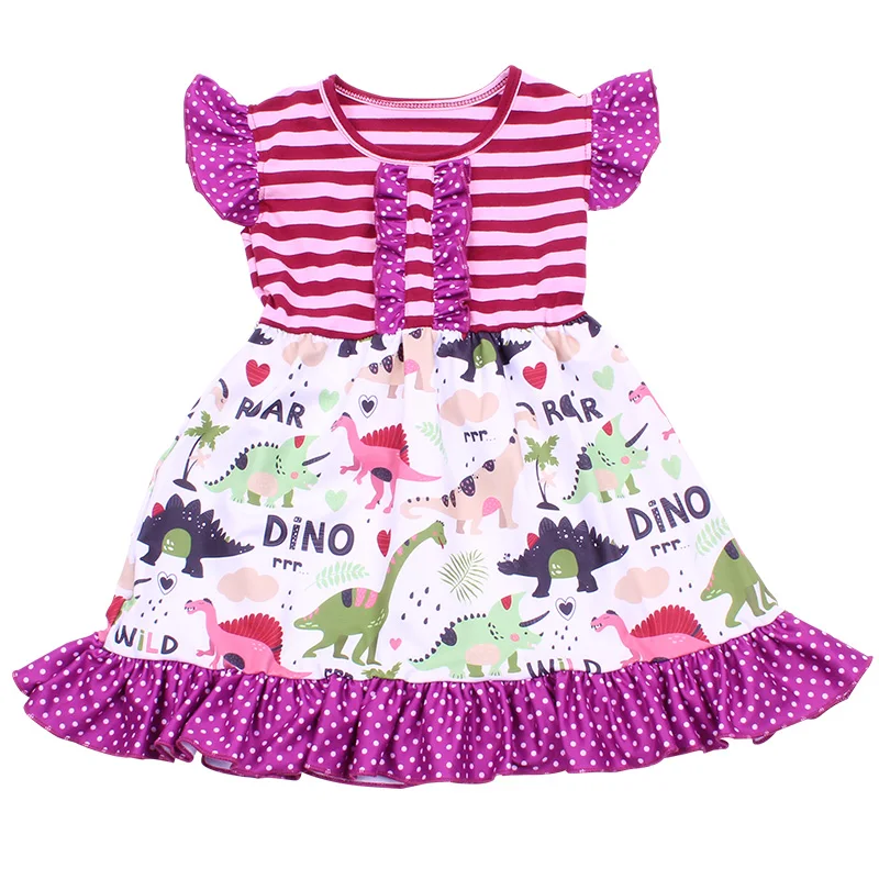 Summer Children Dinosaur Pattern sleeveless dress Baby Girls Striped Animals Dress Milksilk Kids Boutique Clothing | Детская одежда и