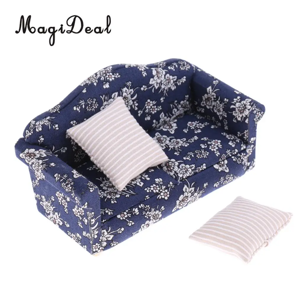 7 Pieces Wooden Floral Sofa Cushions Kit for 1/12 Scale Dolls House Miniature Furniture Decoration Kids Child Pretend Play Toys
