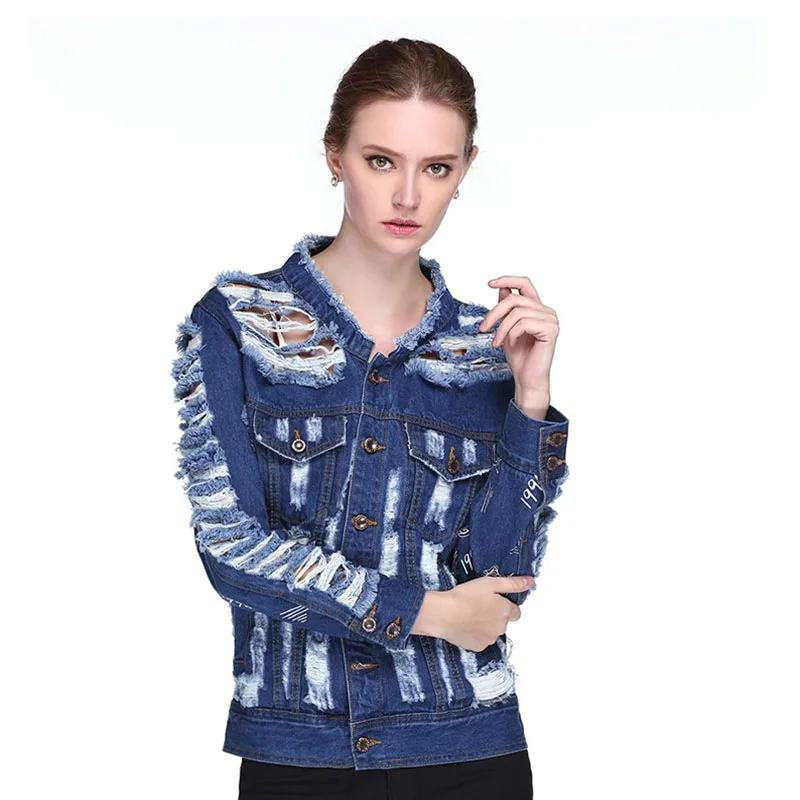 Image 2017 Hot Fashion Design Women Cotton Blue Print Jacket Frayed Long Sleeve Loose Cropped Jacket Female Denim Solt jk Short Coat