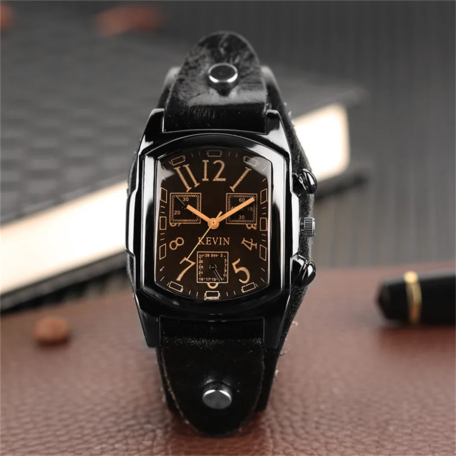 KEVIN Male Arabic Number Wrist Watch Sport Fashion Men Casual Cool Simple PU Leather Band Strap Gift Quartz Punk Rectangle Dial (16)