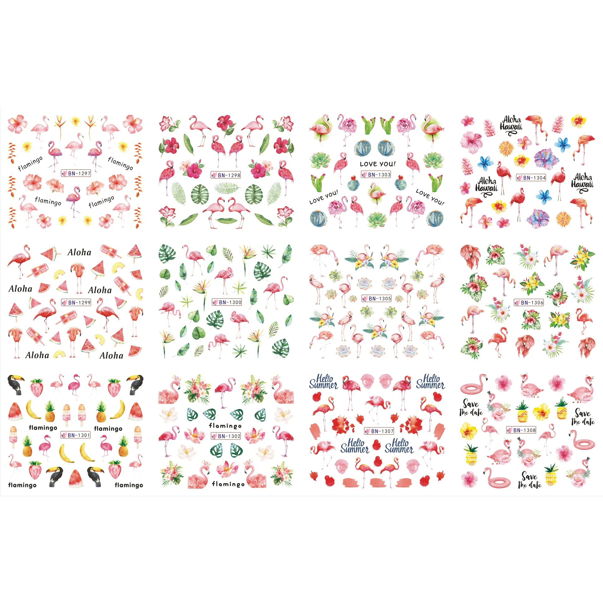 UPRETTEGO 12 PACK/ LOT WATER DECAL NAIL ART NAIL STICKER TROPICAL PLANTS FLOWER ANIMATION RED LOVELY BIRD FLAMINGO BN1297-1308