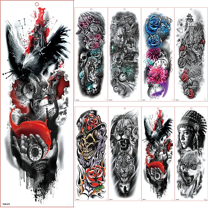 Large Arm Sleeve Tattoo Waterproof Temporary Sticker Flying Eagle Full Flower Tatoo Body Art Girl | Красота и здоровье