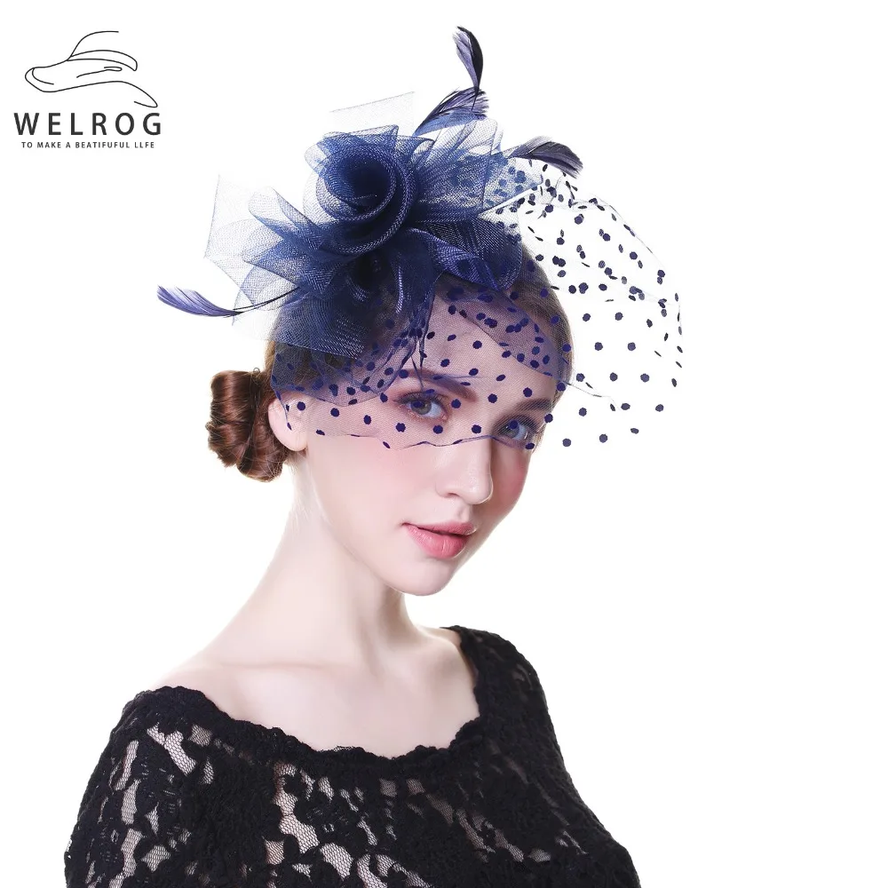 

WELROG Women Wedding Hats With Face Veil Bridal Headwear Nightclub Feathers Linen Hat for Brides Fascinator with Clips Hairband