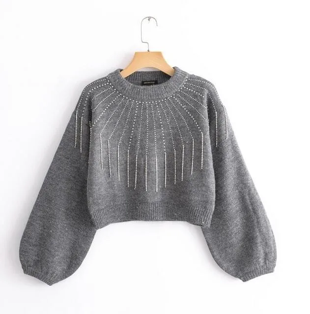 2019 Autumn Women Lantern Sleeves Rhinestone Sweaters Gray Color Knit Short Jersey Tassel Diamond Loose Knitting Sweaters
2019 Autumn Women Lantern Sleeves Rhinestone Sweaters Gray Color Knit Short Jersey Tassel Diamond Loose Knitting Sweaters