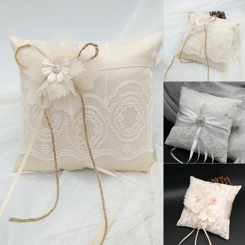Wedding Ring Pillow Burlap Lace Vintage Rustic Ring Bearer Jewelry Pillow Cushion 15 x 15cm