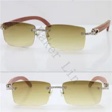 

2018 New RIMLESS Smaller Big Stones Carved Wood Trimming Lens Sunglasses Unisex luxury brand Sun Glasses Best Quality 3524012