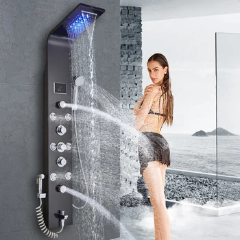 Black/Brushed Stainless Steel 6-function Waterfall LED Rain Shower Panel W/Massage System Tub Spout W/ Handshower Shower Column
Black/Brushed Stainless Steel 6-function Waterfall LED Rain Shower Panel W/Massage System Tub Spout W/ Handshower Shower Column