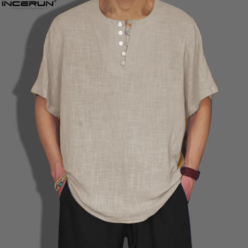 INCERUN 2018 летняя винтажная Мужская рубашка большого размера мужская с v-образным