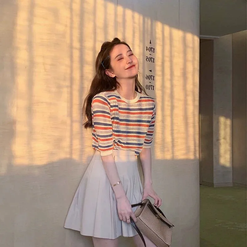 Women Summer New Sweet Casual All-match Colorful Striped Slim Fit Round Collar T-shirts
Women Summer New Sweet Casual All-match Colorful Striped Slim Fit Round Collar T-shirts