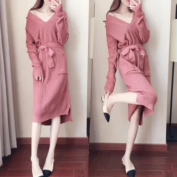 New Korean Sweater Dress Bottom A-Line Long Sleeve Loose V-Neck Solid Color Dress Big Pocket Knitted Autumn Mujer Jupe MZ3200
New Korean Sweater Dress Bottom A-Line Long Sleeve Loose V-Neck Solid Color Dress Big Pocket Knitted Autumn Mujer Jupe MZ3200