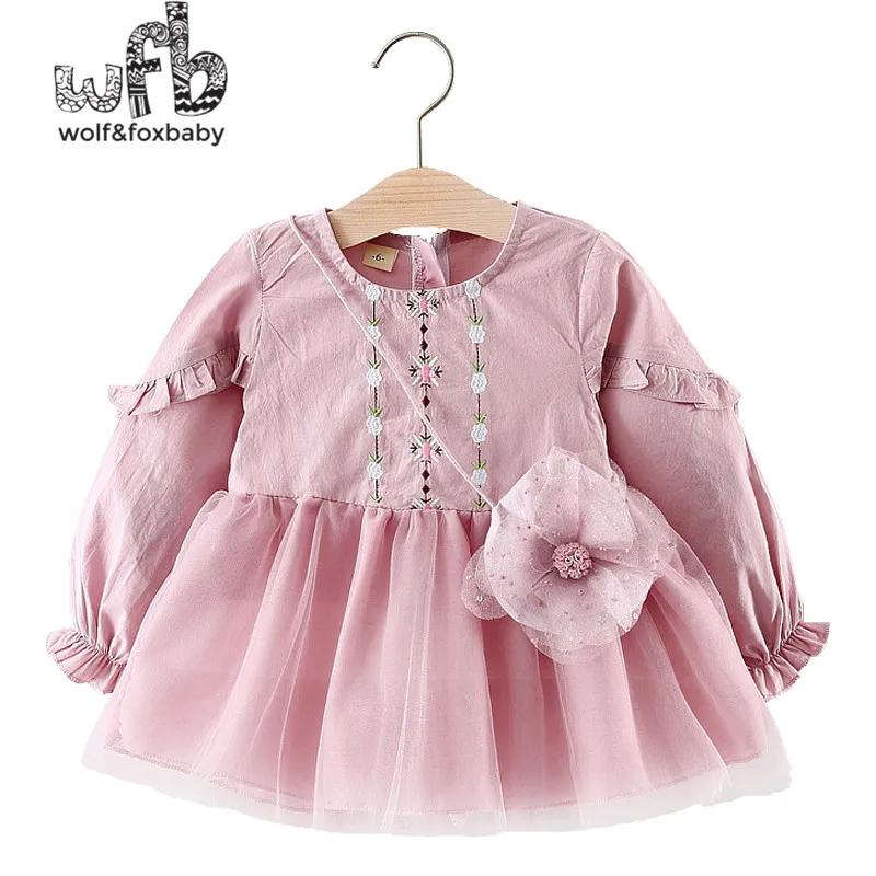 

Retail 0-3 years children's girl long-sleeved net yarn dress + flower bag girl spring fall autumn