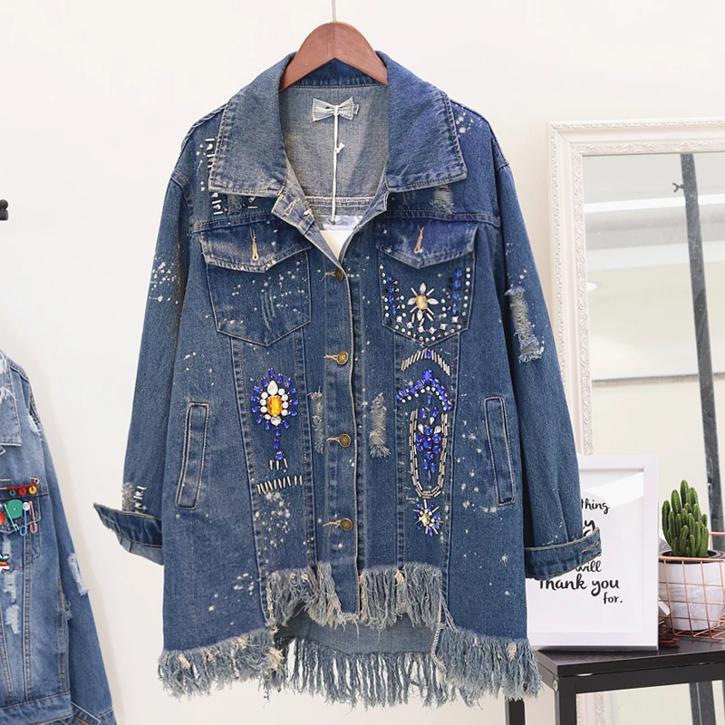 European beaded diamond denim jacket female oversized tassel hem irregular raw edge jean jackets
European beaded diamond denim jacket female oversized tassel hem irregular raw edge jean jackets