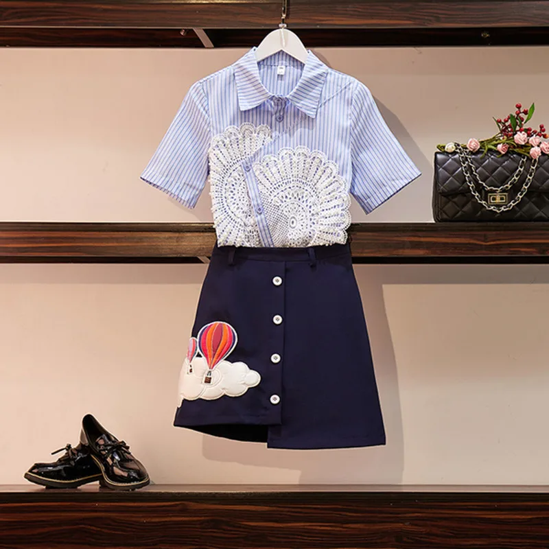 Brand Design 2019 Summer Women's Short Sleeve Striped Lace Patchwork Blouse Tops and irregular Embroidery Skirt 2 PIece set
Brand Design 2019 Summer Women's Short Sleeve Striped Lace Patchwork Blouse Tops and irregular Embroidery Skirt 2 PIece set