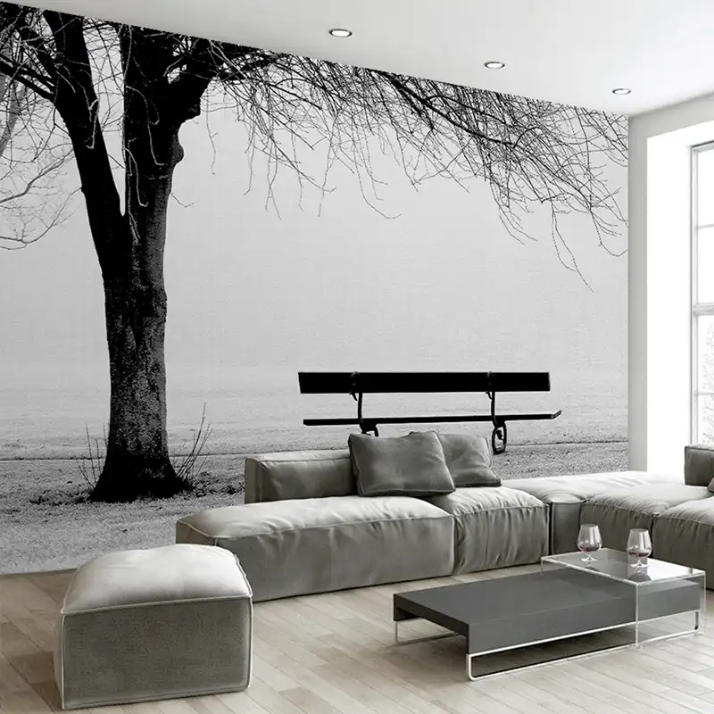 Custom 3d Photo Wallpaper Mural Black White Big Tree Bench