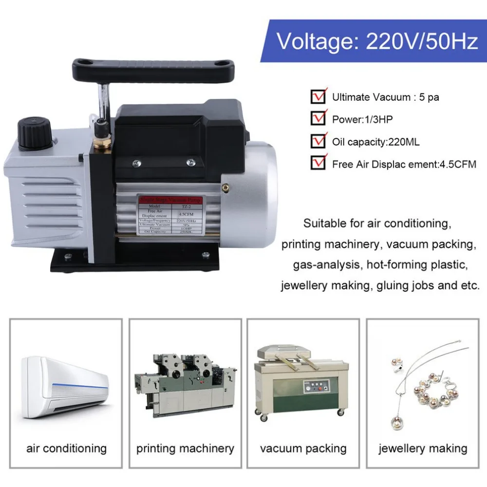 4.5CFM 1/3HP Professional Single Stage Vacuum Pump Suitable For Refrigeration Air Conditioning Systems EU Plug
4.5CFM 1/3HP Professional Single Stage Vacuum Pump Suitable For Refrigeration Air Conditioning Systems EU Plug