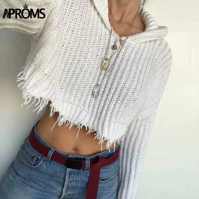 Aproms White Hooded Knitted Sweater Women Casual Tassel Loose Cropped Pullover Sexy 2019 Winter Streetwear Jumpers Pull Femme
Aproms White Hooded Knitted Sweater Women Casual Tassel Loose Cropped Pullover Sexy 2019 Winter Streetwear Jumpers Pull Femme