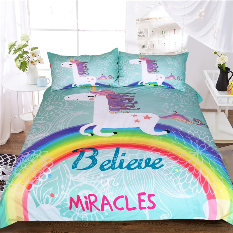 BeddingOutlet Unicorn Bedding Set Believe Miracles Cartoon Single Bed Duvet Cover Animal for Kids Girls 3pcs Rainbow Bedspreads|bed duvet