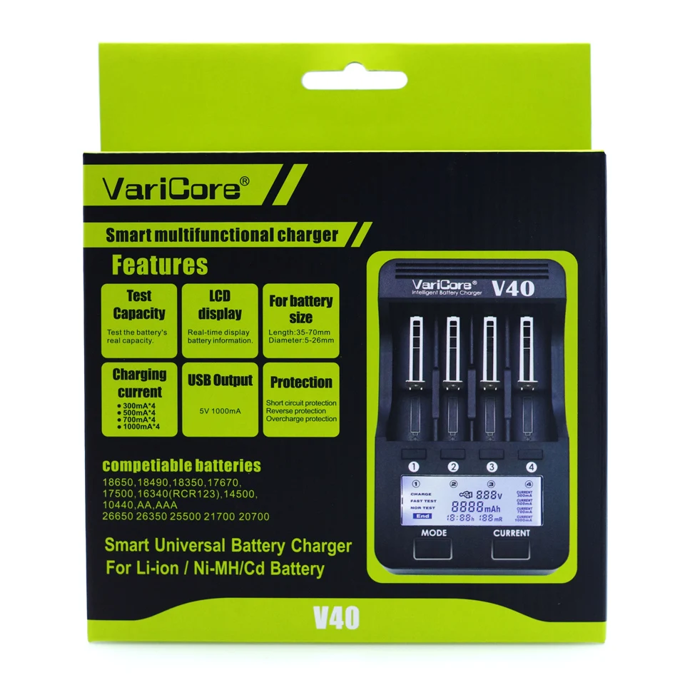 New VariCore V20i V10 U4 V40 LCD Battery Charger 3.7V 18650 26650 18500 16340 14500 18350 lithium battery AA/AAA NiMH batteries
New VariCore V20i V10 U4 V40 LCD Battery Charger 3.7V 18650 26650 18500 16340 14500 18350 lithium battery AA/AAA NiMH batteries