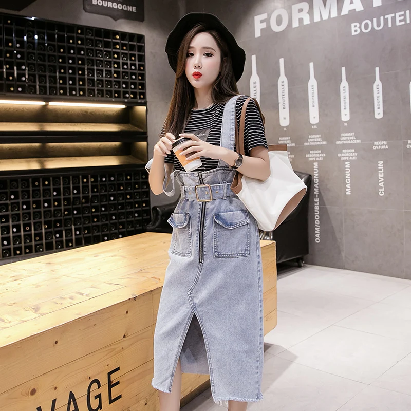 

Женское повседневное джинсовое платье средней длины на тонких бретельках, длинное женское платье-трапеция из джинсовой ткани, летнее элегантное милое облегающее платье в Корейском стиле для женщин