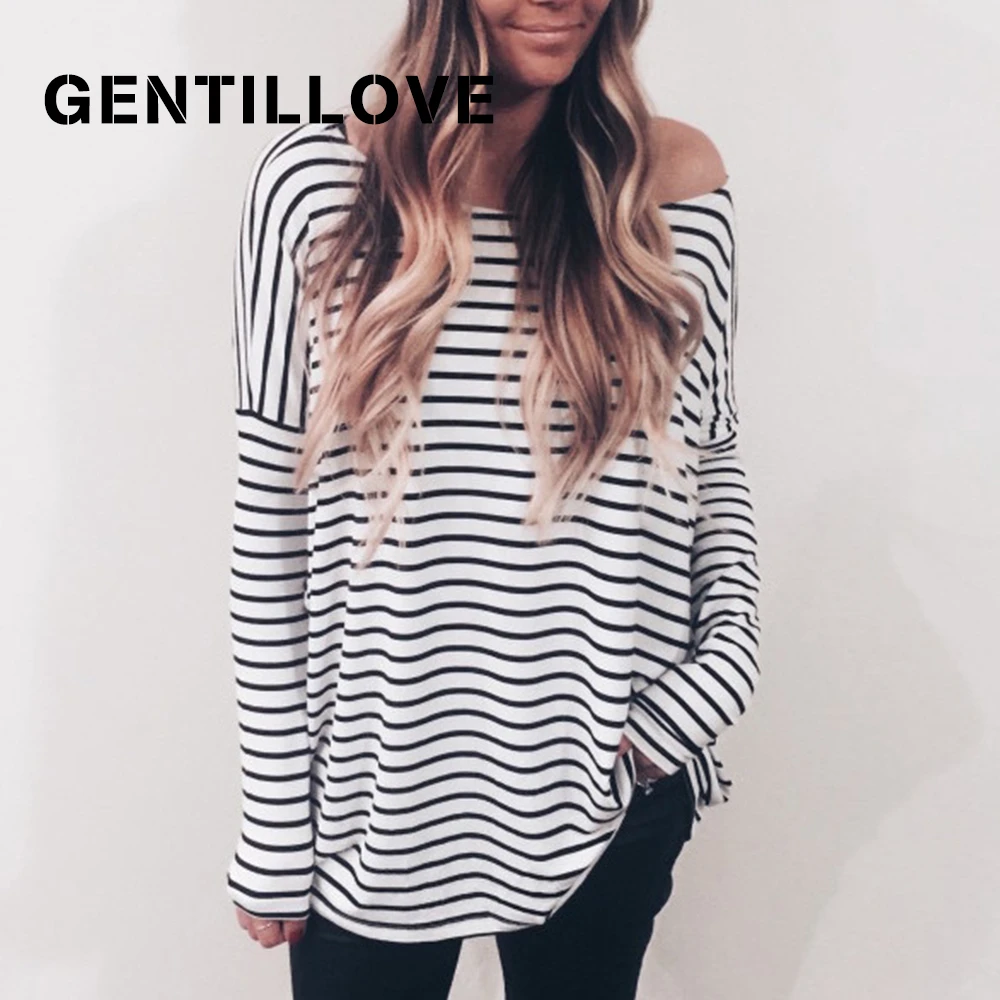 Gentillove Women Harajuku Long sleeve Striped Off Shoulder Tops Skew Collar Korean Style T Shirt Female Autumn Oversize Top 2019
Gentillove Women Harajuku Long sleeve Striped Off Shoulder Tops Skew Collar Korean Style T Shirt Female Autumn Oversize Top 2019