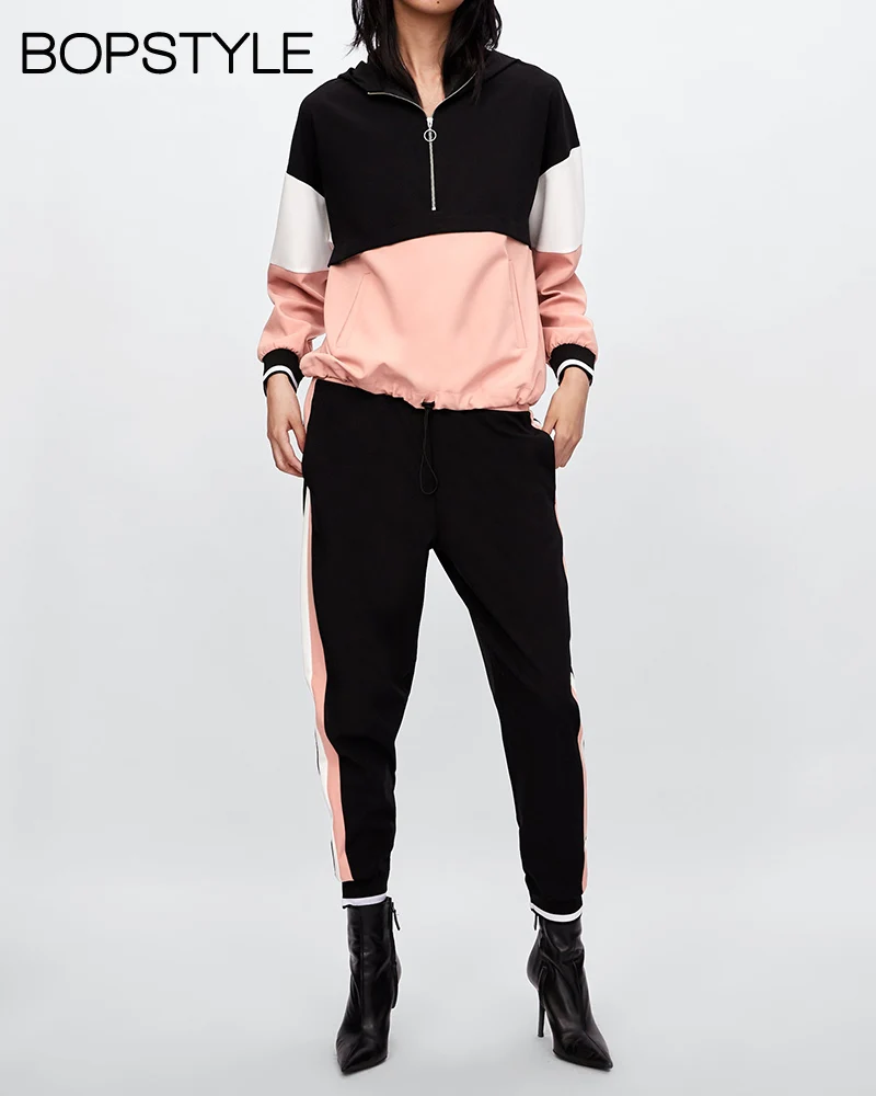 Fall 2018 New Women Patchwork Color Block Hooded Pouch Pocket Jacket + Jogger Trousers Contrast Side Stripes & Elastic Waistband
Fall 2018 New Women Patchwork Color Block Hooded Pouch Pocket Jacket + Jogger Trousers Contrast Side Stripes & Elastic Waistband