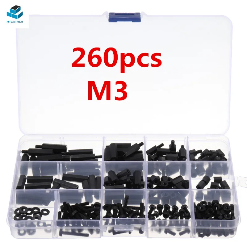 260Pcs M3 Black Nylon Hex Spacers Screw Nuts Bolt Assortment Kit Stand-off Set With Box Insulation For Electronics Components
260Pcs M3 Black Nylon Hex Spacers Screw Nuts Bolt Assortment Kit Stand-off Set With Box Insulation For Electronics Components