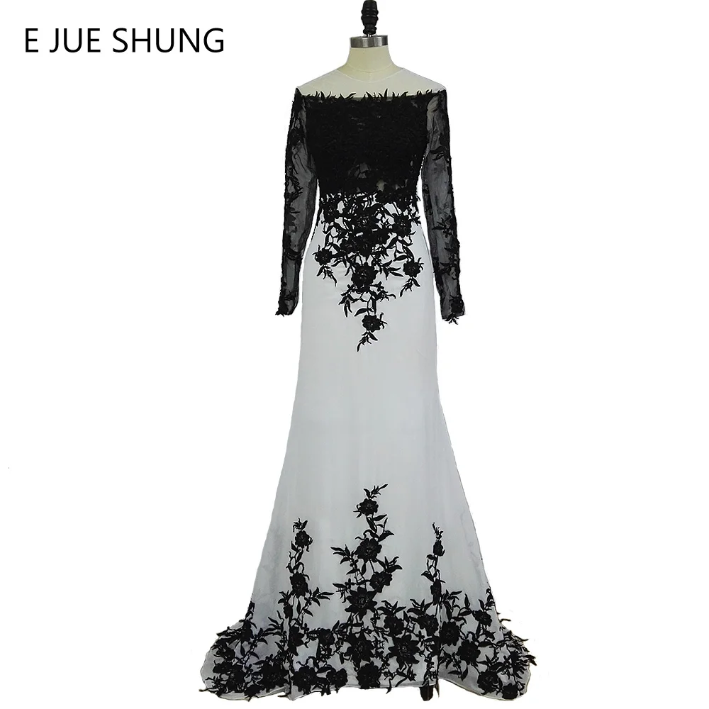 

E JUE SHUNG White Black Lace Appliques Mermaid Long Evening Dresses Long Sleeves Elegant Formal Evening Gowns robe de soiree