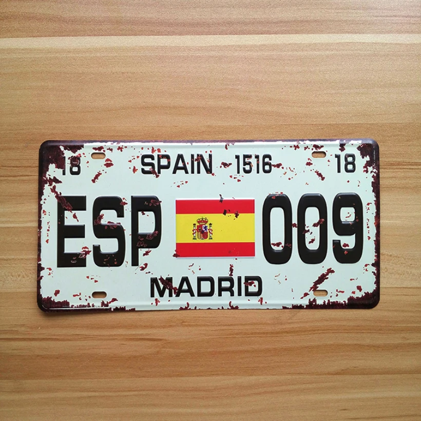 UA-CP-0071 Vintage metal tin signs License Number " ESP-009 madrid spain " painting plaque Bar home decor 30*15 CM
UA-CP-0071 Vintage metal tin signs License Number " ESP-009 madrid spain " painting plaque Bar home decor 30*15 CM