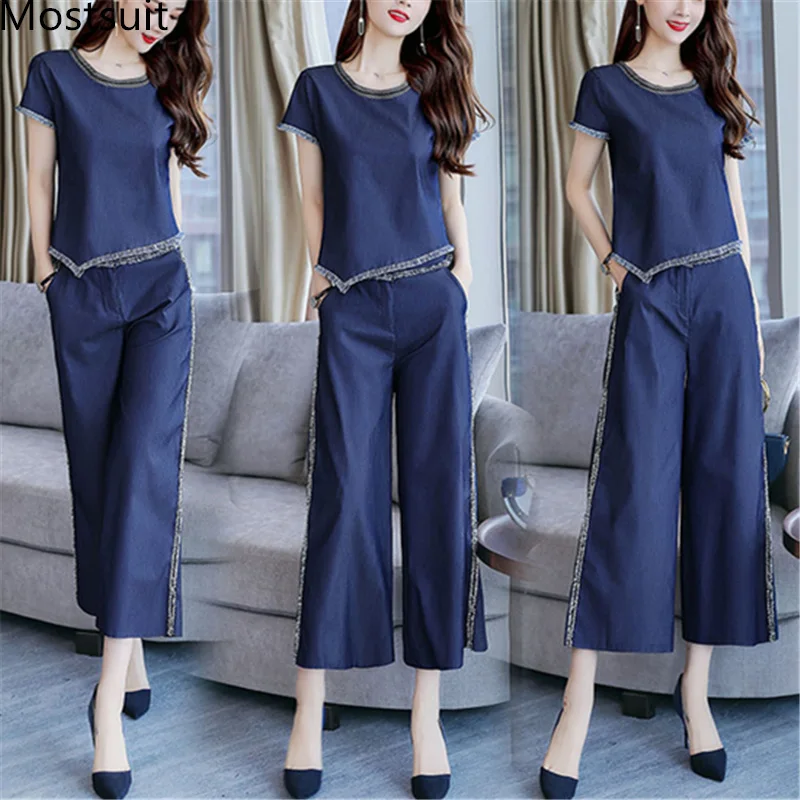 2019 Summer Blue Two Piece Sets Women Plus Size Short Sleeve Tops And Wide Leg Pants Suits Casual Office Elegant Women's Sets
2019 Summer Blue Two Piece Sets Women Plus Size Short Sleeve Tops And Wide Leg Pants Suits Casual Office Elegant Women's Sets