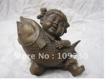 China Folk Pure Bronze Child Girl Hold Carp Fish Statue Figurine ship