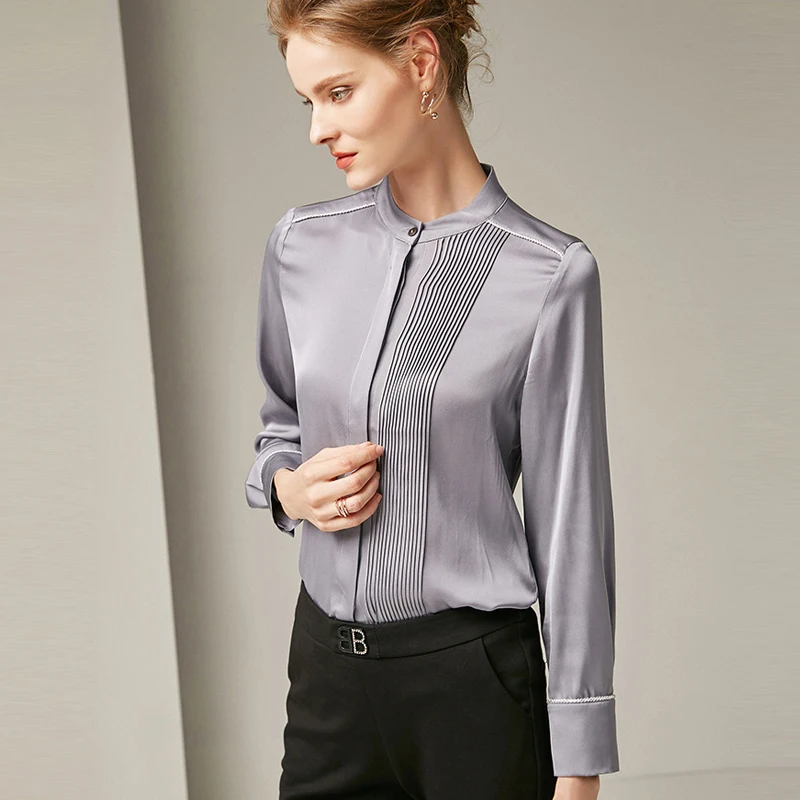 100% Silk Blouse Women Shirt Solid Asymmetrical Pleated Design O Neck Long Flare Sleeves 3 Colors Office Top New Fashion 2019 
100% Silk Blouse Women Shirt Solid Asymmetrical Pleated Design O Neck Long Flare Sleeves 3 Colors Office Top New Fashion 2019