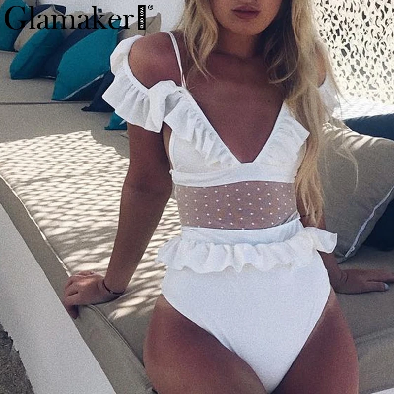 Glamaker Cold shoulder mesh one piece bodysuit high waist white bikini Sexy ruffle swimwear women Push up bathing suit Monokini
Glamaker Cold shoulder mesh one piece bodysuit high waist white bikini Sexy ruffle swimwear women Push up bathing suit Monokini