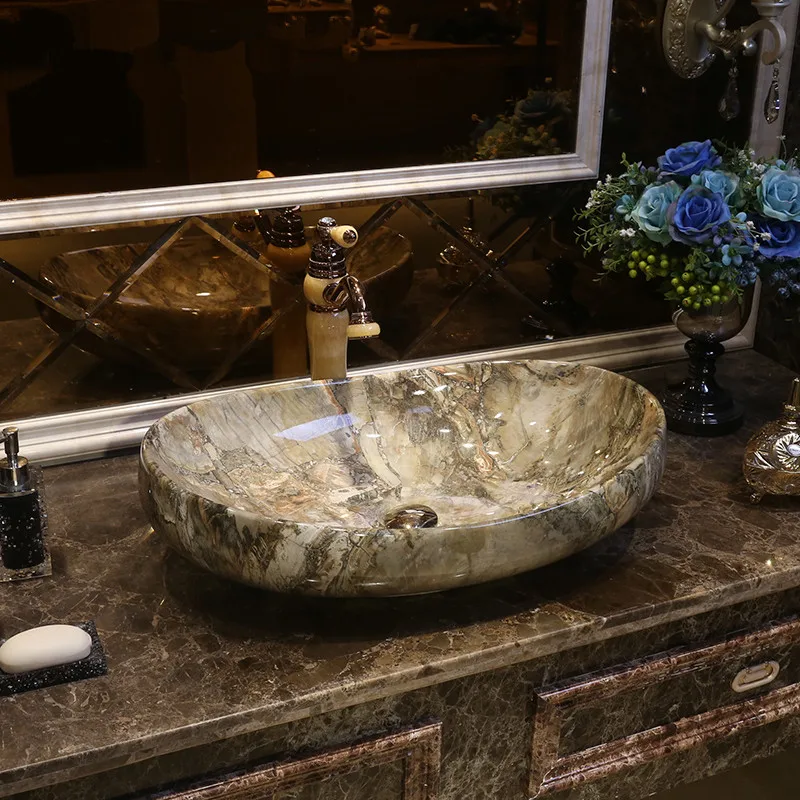 Marbling Antique retro style porcelain ceramic wash basin luxury basin bathroom sinks Oval ceramic wash basin countertops (4)