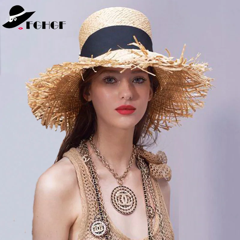 Spring Summer 2019 Floppy Raffia Beach Hat Fringed Straw Hats Wide Brim Sun Hat Double Visor Caps Black Band Flat Top Derby Hats
Spring Summer 2019 Floppy Raffia Beach Hat Fringed Straw Hats Wide Brim Sun Hat Double Visor Caps Black Band Flat Top Derby Hats
