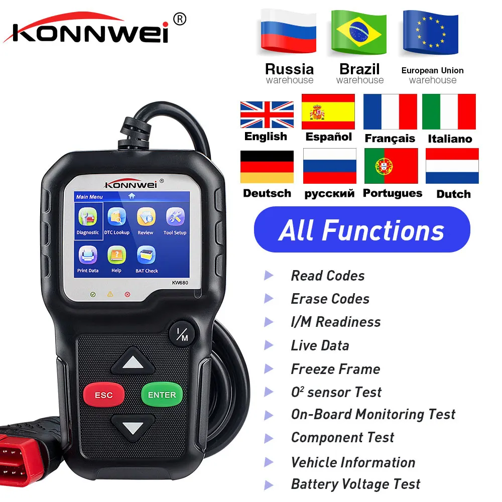 

OBD2 ODB 2 KONNWEI KW680 Automotive Scanner Multi-languages Full OBDII Function obd 2 Diagnostic Tool In Russian PK AD410 ML519