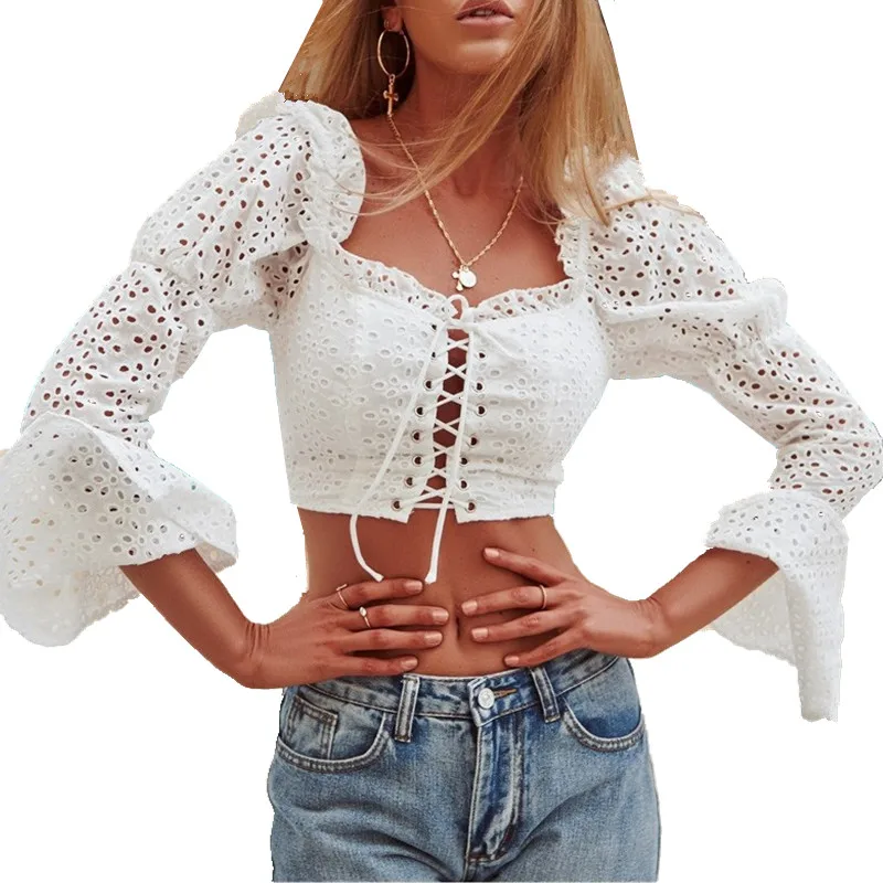 Women White Ruffle Hollow Out Women Blouse V-Neck Embroidery Flare Sleeve Blouse Casual Ladies Lace up Elastic Short Shirt Top
Women White Ruffle Hollow Out Women Blouse V-Neck Embroidery Flare Sleeve Blouse Casual Ladies Lace up Elastic Short Shirt Top