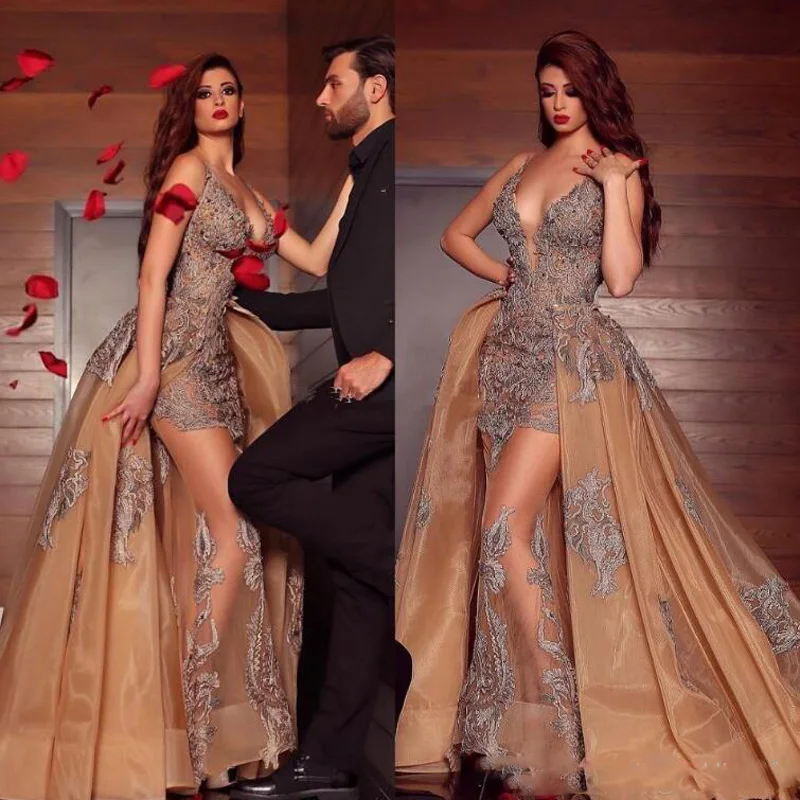 2019 Arabic Mermaid Prom Party Dresses With Detachable Train Deep V Neck Lace Appliqued Beaded Organza Formal Evening Gowns
2019 Arabic Mermaid Prom Party Dresses With Detachable Train Deep V Neck Lace Appliqued Beaded Organza Formal Evening Gowns