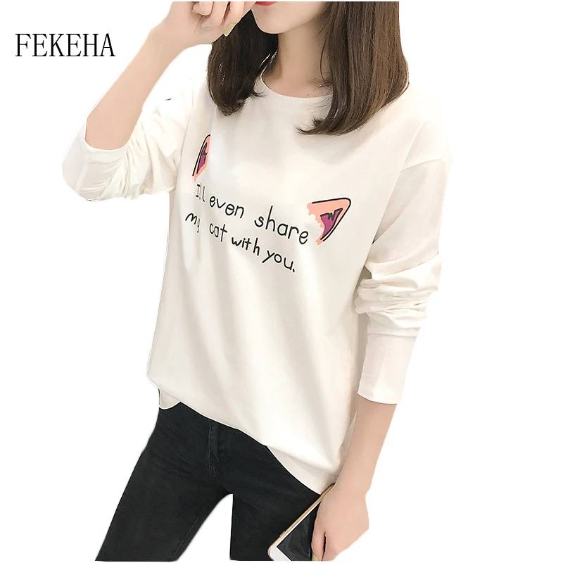 

FEKEHA White T Shirt Women Clothes 2019 Letter Print Tshirt Long Sleeve Tops Womens T-Shirts Cotton Loose Black Tee Shirt Femme