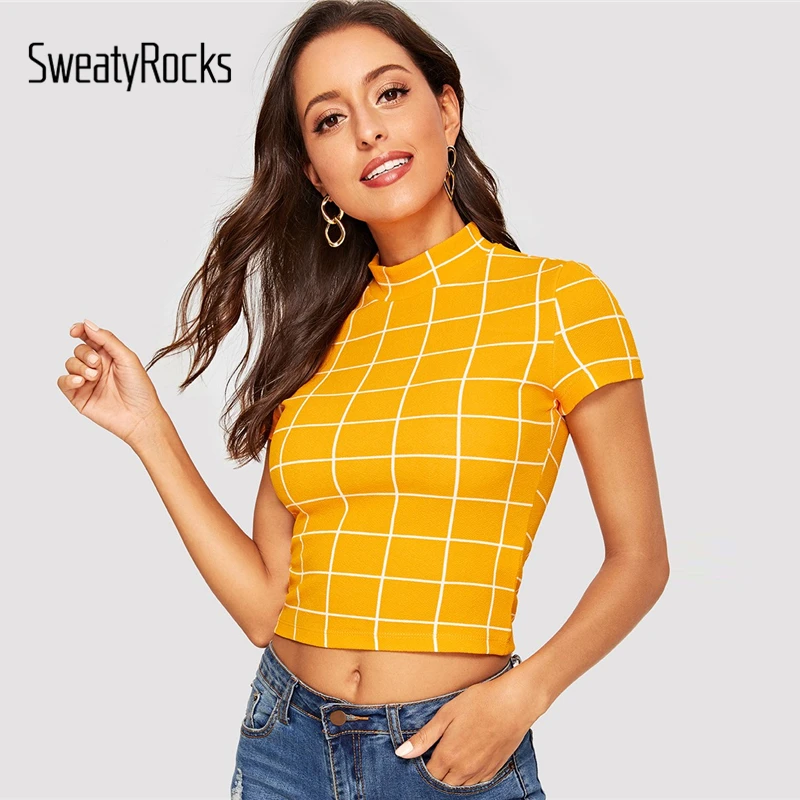 SweatyRocks Mock-neck Grid Crop Top Short Sleeve Slim Plaid Tops Streetwear 2019 Summer Fashion Elegant Yellow Tee Shirt
SweatyRocks Mock-neck Grid Crop Top Short Sleeve Slim Plaid Tops Streetwear 2019 Summer Fashion Elegant Yellow Tee Shirt