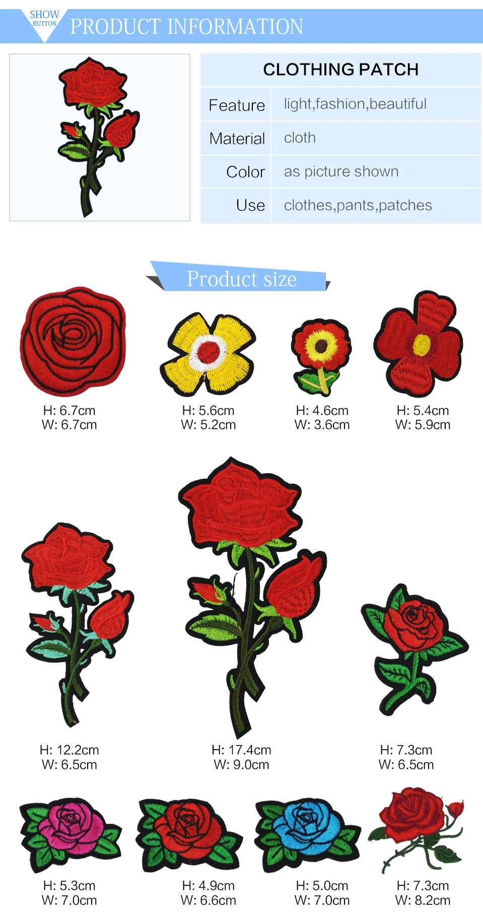 Embroidery Iron Flower Patches For Clothing Blue Red Embroidered 3D Flower Applique Parche Patches For Dress Large Small (1)