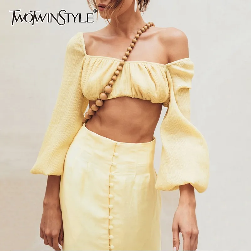 TWOTWINSTYLE Summer Solid Blouse For Women Slash Neck Lantern Sleeve Slim Crop Tops Shirt Female Fashion Clothes 2019 New
TWOTWINSTYLE Summer Solid Blouse For Women Slash Neck Lantern Sleeve Slim Crop Tops Shirt Female Fashion Clothes 2019 New