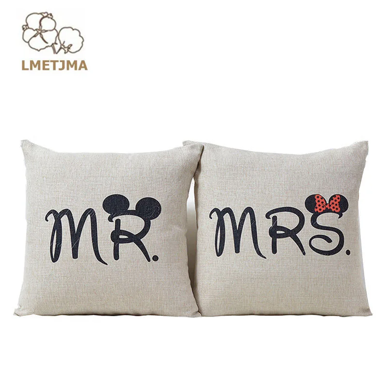 Image LMETJMA Mrs Mr Love Cushion Lovely Love Cushion For Wedding Bed Decor Couple Sofa Decorative Cushion Bedding Outlet ZT0319 2