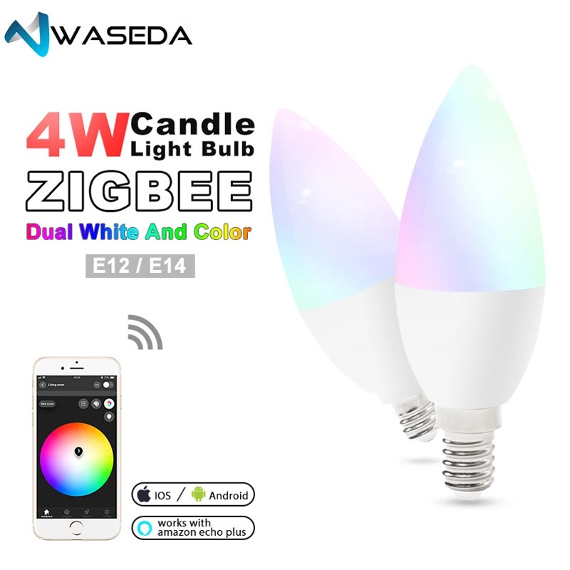 WAESDA zigbee zll led 4W candle light bulb rgbww colorful rgb+cct smart phone APP control AC100-240V E12/E14 amazon echo plus
WAESDA zigbee zll led 4W candle light bulb rgbww colorful rgb+cct smart phone APP control AC100-240V E12/E14 amazon echo plus