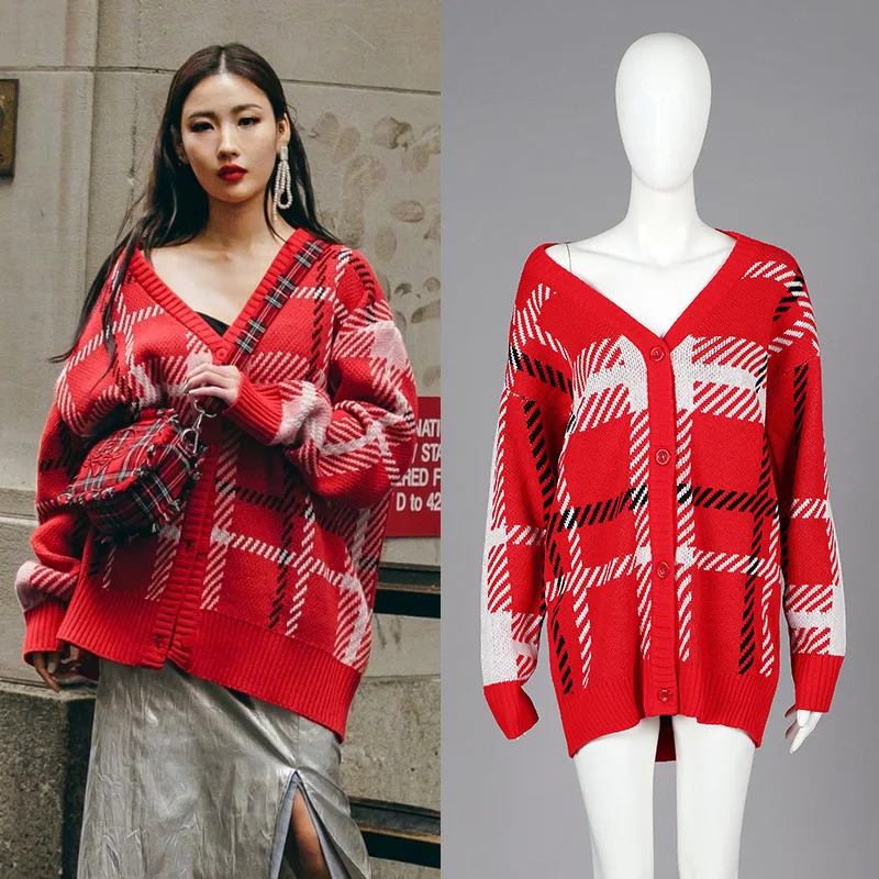 Fashion Week Street Beauty Blogger Same Red Chequered Card V-collar Lazy Wind Loose Knitted Women 2019 Fashion Women Sweater
Fashion Week Street Beauty Blogger Same Red Chequered Card V-collar Lazy Wind Loose Knitted Women 2019 Fashion Women Sweater