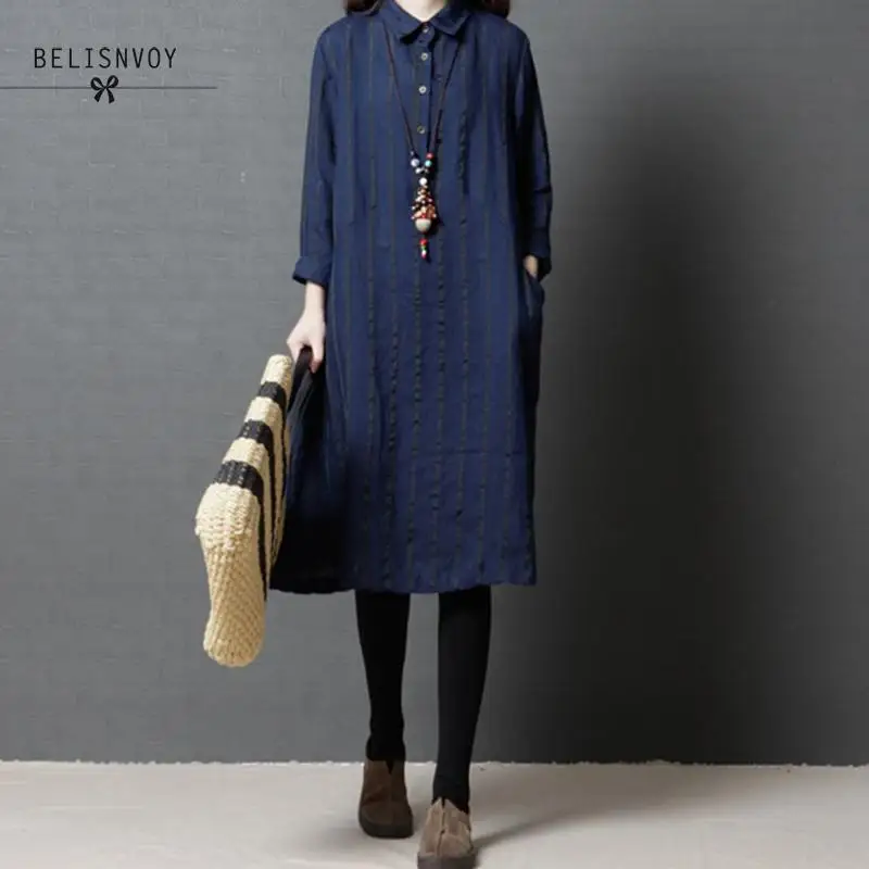 Robe Femme Spring Autumn Dresses Women Vintage Loose Turn-down Collar Striped Printed Long Sleeve Cotton Linen Shirt Dresses
Robe Femme Spring Autumn Dresses Women Vintage Loose Turn-down Collar Striped Printed Long Sleeve Cotton Linen Shirt Dresses